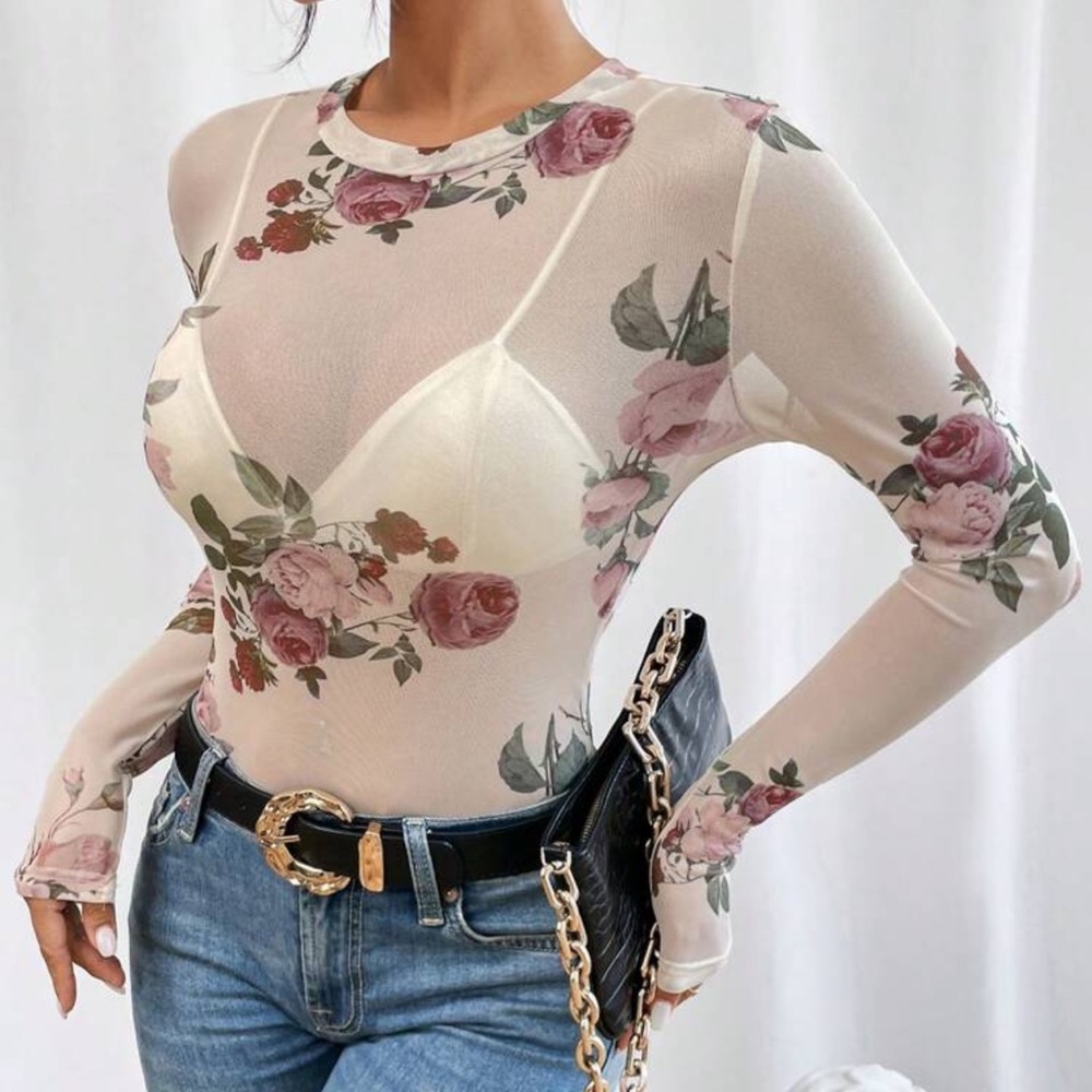 White Floral Mesh Sheet Shirt Long Sleeve, See-Through Top - Picture 5 of 6